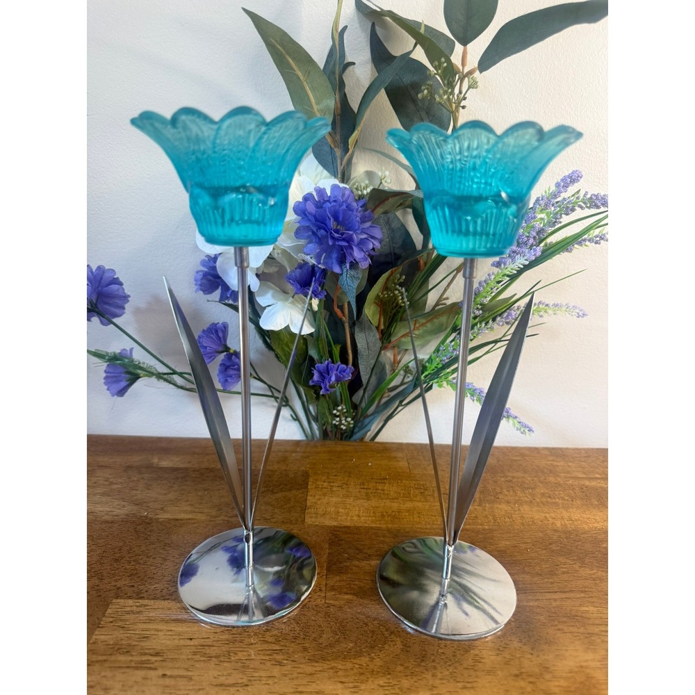 Vintage Chrome Candlesticks Aqua Blue Glass Flower Candle Holders Pair Decor